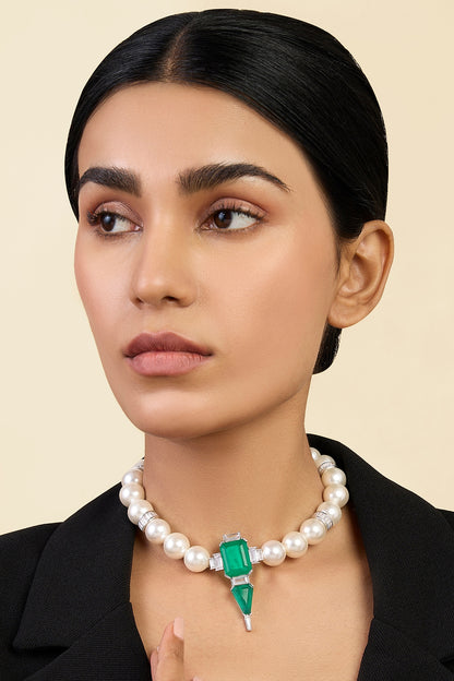 White Rhodium Finish Pearl & Doublet Dark Emerald Necklace