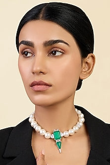 White Rhodium Finish Pearl & Doublet Dark Emerald Necklace
