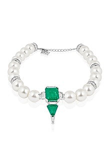 White Rhodium Finish Pearl & Doublet Dark Emerald Necklace