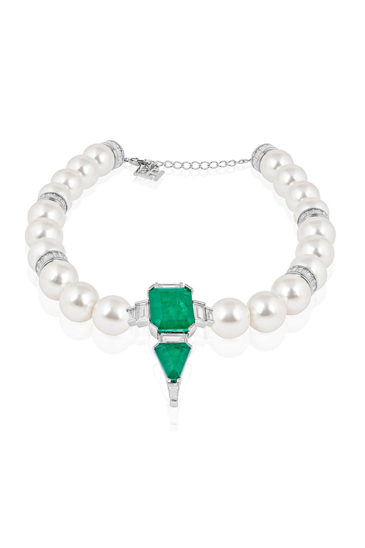 White Rhodium Finish Pearl & Doublet Dark Emerald Necklace