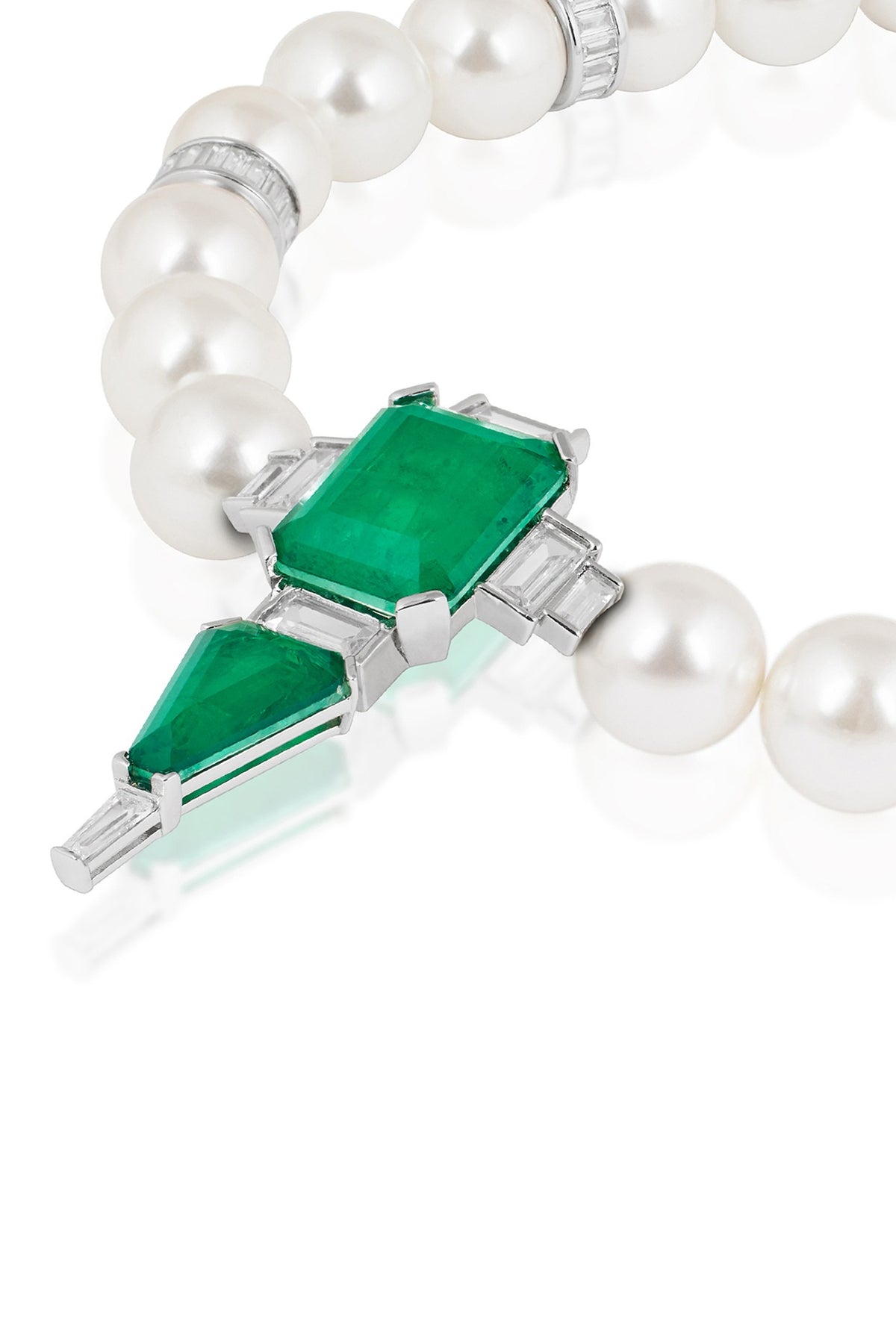 White Rhodium Finish Pearl & Doublet Dark Emerald Necklace