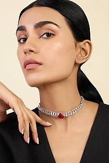 White Rhodium Finish CZ & Ruby Corundum Stone Choker Necklace
