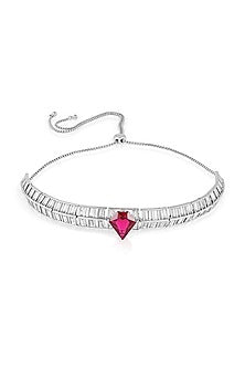 White Rhodium Finish CZ & Ruby Corundum Stone Choker Necklace