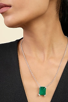 White Rhodium Finish Custom-Cut CZ & Doublet Dark Emerald Stone Pendant Necklace