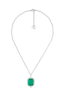 White Rhodium Finish Custom-Cut CZ & Doublet Dark Emerald Stone Pendant Necklace
