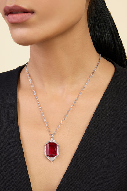 White Rhodium Finish Custom-Cut CZ & Ruby Corundum Stone Pendant Necklace