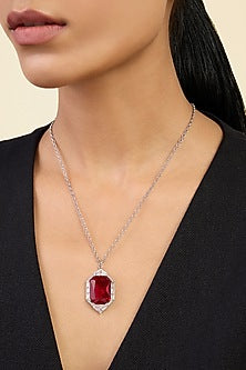 White Rhodium Finish Custom-Cut CZ & Ruby Corundum Stone Pendant Necklace
