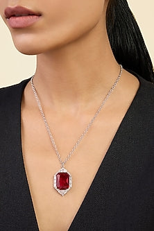 White Rhodium Finish Custom-Cut CZ & Ruby Corundum Stone Pendant Necklace