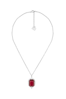 White Rhodium Finish Custom-Cut CZ & Ruby Corundum Stone Pendant Necklace