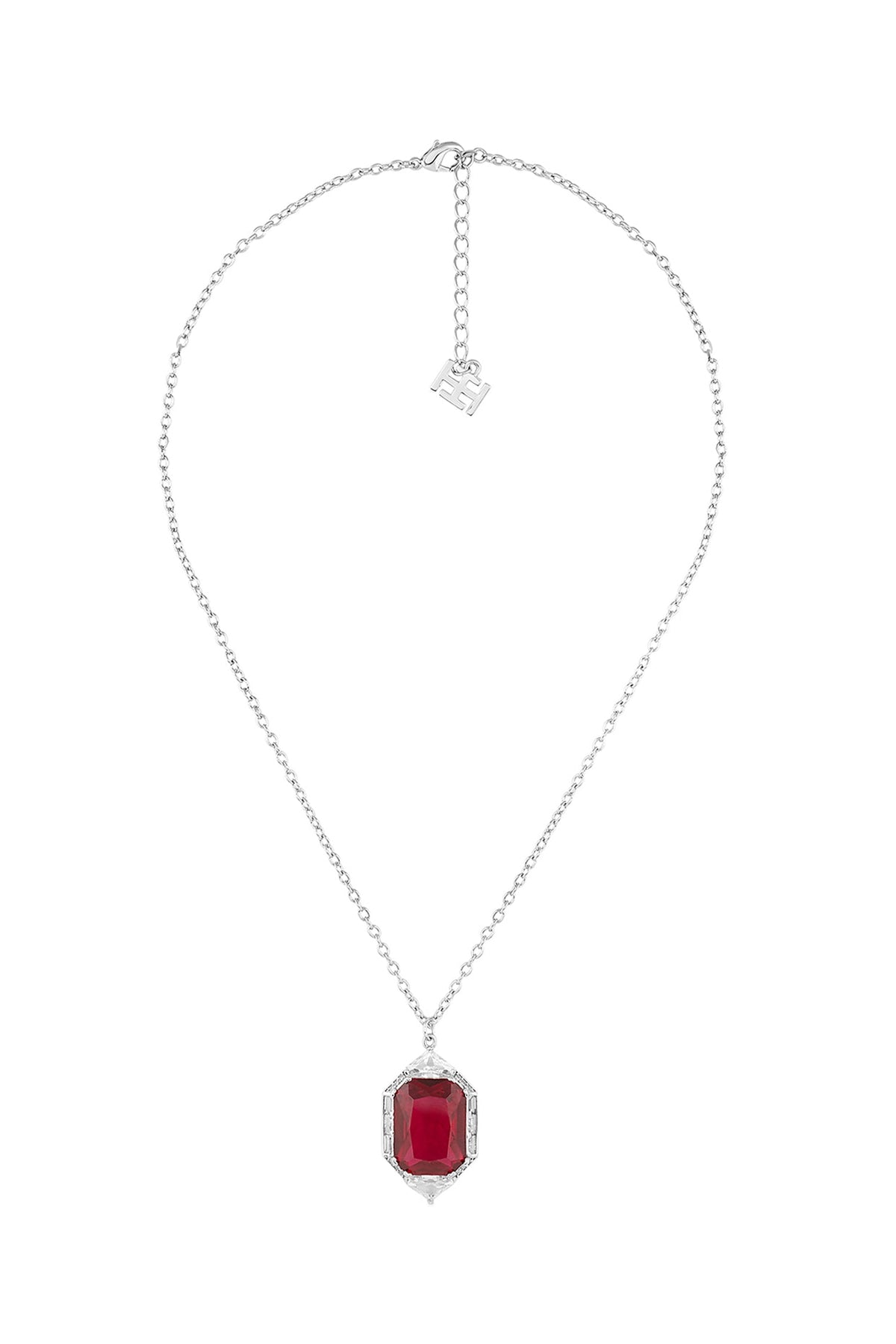 White Rhodium Finish Custom-Cut CZ & Ruby Corundum Stone Pendant Necklace