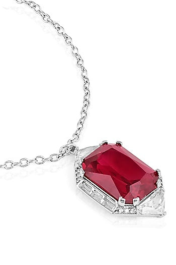 White Rhodium Finish Custom-Cut CZ & Ruby Corundum Stone Pendant Necklace