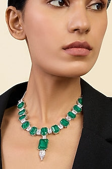 White Rhodium Finish Custom-Cut CZ Stone & Dark Emerald Drop Choker Necklace