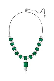 White Rhodium Finish Custom-Cut CZ Stone & Dark Emerald Drop Choker Necklace