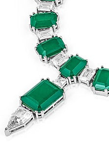White Rhodium Finish Custom-Cut CZ Stone & Dark Emerald Drop Choker Necklace