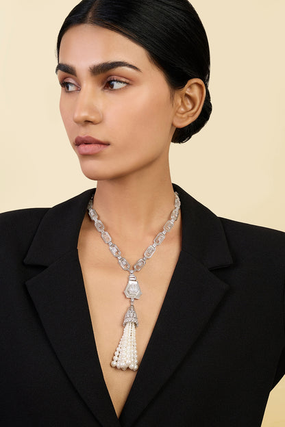 White Rhodium Finish CZ Stone & Pearl Tassel Long Necklace