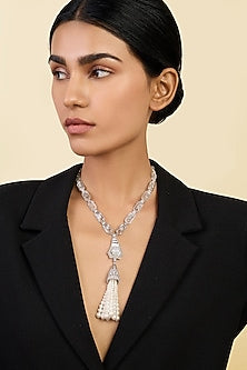 White Rhodium Finish CZ Stone & Pearl Tassel Long Necklace
