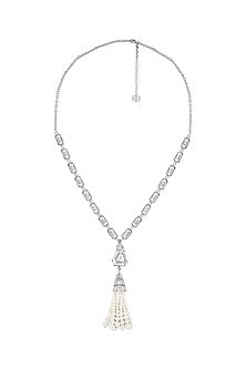 White Rhodium Finish CZ Stone & Pearl Tassel Long Necklace