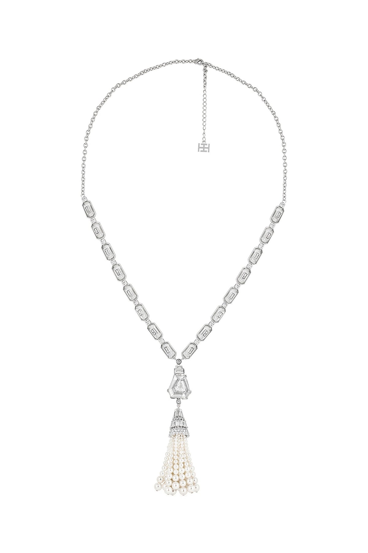 White Rhodium Finish CZ Stone & Pearl Tassel Long Necklace