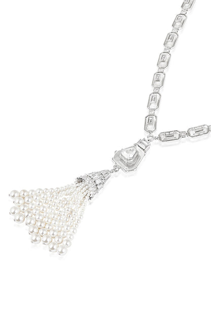 White Rhodium Finish CZ Stone & Pearl Tassel Long Necklace