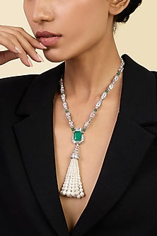 White Rhodium Finish Pearl & Doublet Dark Emerald Stone Long Necklace
