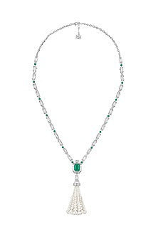 White Rhodium Finish Pearl & Doublet Dark Emerald Stone Long Necklace