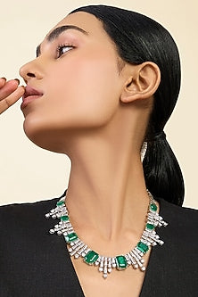 White Rhodium Finish CZ & Doublet Dark Emerald Stone Bib Necklace