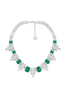 White Rhodium Finish CZ & Doublet Dark Emerald Stone Bib Necklace