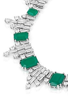 White Rhodium Finish CZ & Doublet Dark Emerald Stone Bib Necklace
