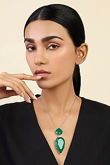 White Rhodium Finish CZ & Pear-Cut Dark Emerald Stone Pendant Necklace