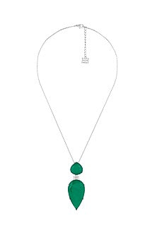 White Rhodium Finish CZ & Pear-Cut Dark Emerald Stone Pendant Necklace