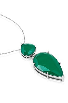 White Rhodium Finish CZ & Pear-Cut Dark Emerald Stone Pendant Necklace