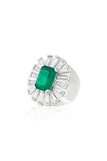 White Rhodium Finish CZ & Doublet Dark Emerald Stone Ring