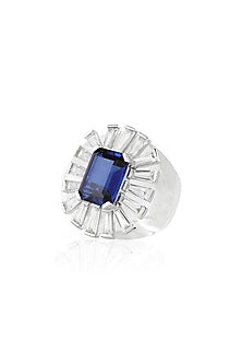 White Rhodium Finish CZ & Blue Corundum Stone Ring