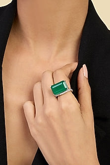 White Rhodium Finish CZ & Doublet Dark Emerald Stone Ring