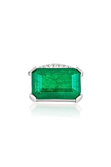 White Rhodium Finish CZ & Doublet Dark Emerald Stone Ring