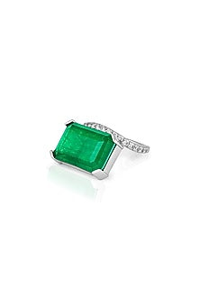 White Rhodium Finish CZ & Doublet Dark Emerald Stone Ring