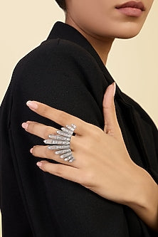White Rhodium Finish Custom-Cut CZ Stone Statement Ring