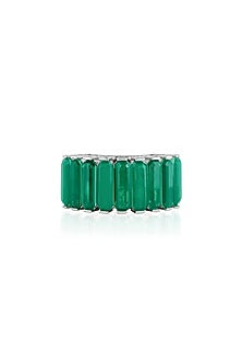 White Rhodium Finish Custom-Cut CZ & Baguette Dark Emerald Stone Ring