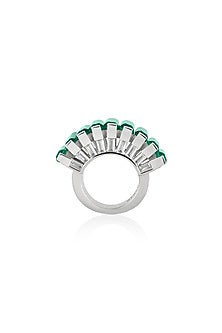 White Rhodium Finish Custom-Cut CZ & Baguette Dark Emerald Stone Ring