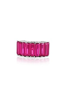 White Rhodium Finish Custom-Cut CZ & Baguette Ruby Corundum Stone Ring