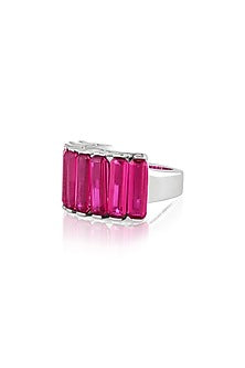 White Rhodium Finish Custom-Cut CZ & Baguette Ruby Corundum Stone Ring