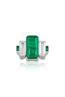 White Rhodium Finish Custom-Cut CZ & Baguette emerald Stone Ring