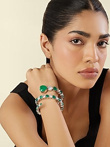 White Rhodium Finish Crystal Zircon & Emerald Wrap Cuff