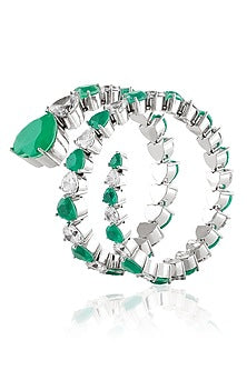 White Rhodium Finish Crystal Zircon & Emerald Wrap Cuff