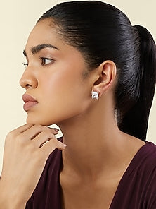White Rhodium Finish Crystal Zircon Square Stud Earrings