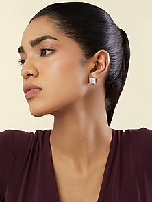 White Rhodium Finish Crystal Zircon Square Stud Earrings