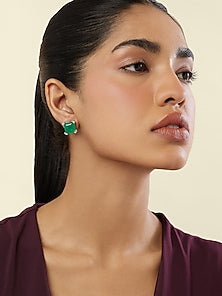 White Rhodium Finish Crystal Zircon & Emerald Green Doublet Stone Square Stud Earrings