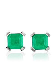 White Rhodium Finish Crystal Zircon & Emerald Green Doublet Stone Square Stud Earrings