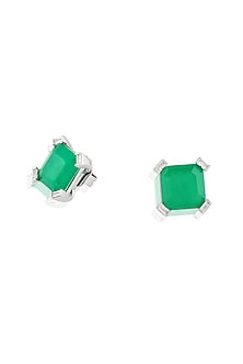 White Rhodium Finish Crystal Zircon & Emerald Green Doublet Stone Square Stud Earrings