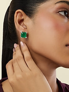 White Rhodium Finish Crystal Zircon & Emerald Green Doublet Stone Square Stud Earrings